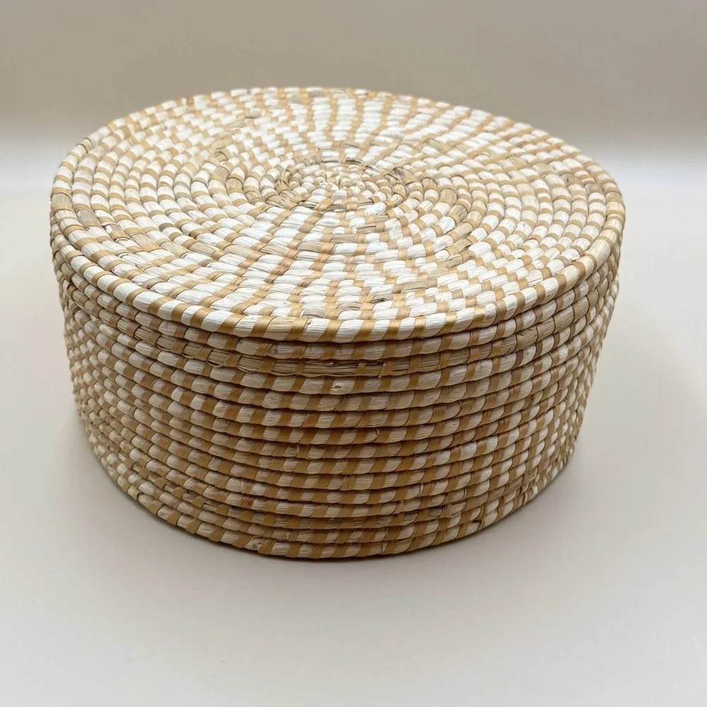 Handwoven Lidded Raffia Coil Basket Natural Boho Woven Storage Basket Vintage